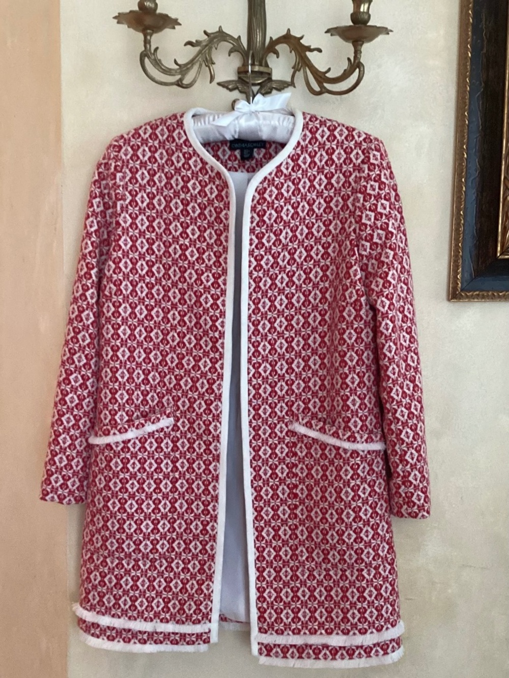 CYNTHIA ROWLEY RED WHITE ARGYLE DIAMOND PATTERN OPEN TOPPER JACKET SIZE S